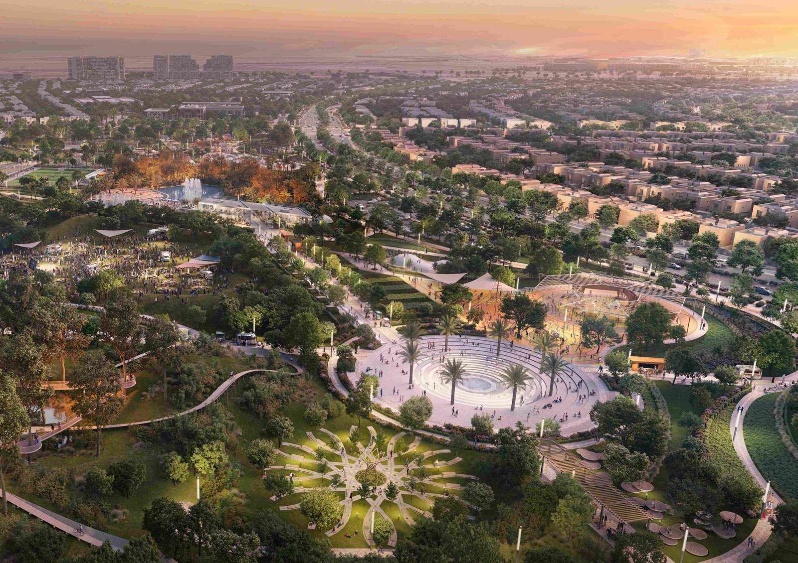 Yas Park Views villa exteriors with Mediterranean architecture and landscaped front gardens on Yas Island, Abu Dhabi