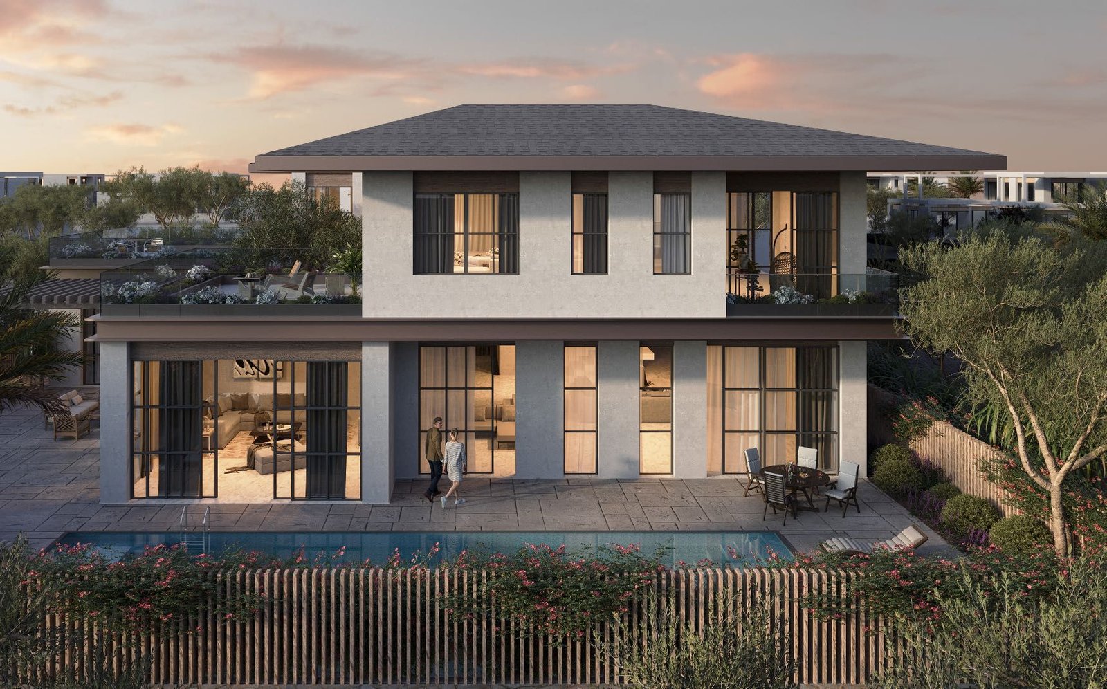 Outdoor terrace and garden space of a 4-bedroom Al Naseem villa overlooking lush landscaping and serene surroundings