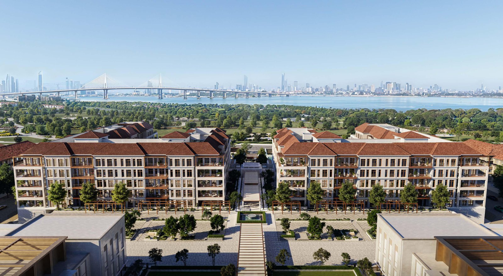 Inside a 3-bedroom apartment at Nawayef Park Views, Hudayriyat — generous living/dining area, three bedrooms, terrace overlooking landscaped park and hills, contemporary design.